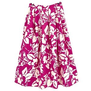 Vintage Paula Saker Pleated Midi Skirt Floral Magenta Pink Pockets 100% Silk 10
